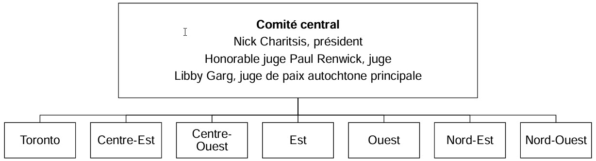 Comité central : Nick Charitsis, président; Honorable juge Paul Renwick, juge ; Libby Garg, juge de paix autochtone principale (Toronto, Centre-Est, Centre-Ouest, Est, Ouest, Nord-Est, Nord-Ouest)